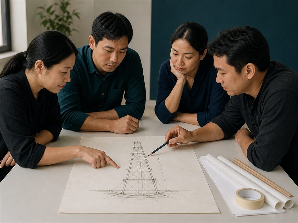 ทีมครูกำลังอภิปรายแบบร่างหอคอยก่อนเริ่มใช้วัสดุ